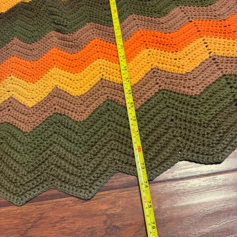 Vtg Handmade Crochet Afghan Blanket Zigzag Chevron Multi-Color 39x74 70s Boho